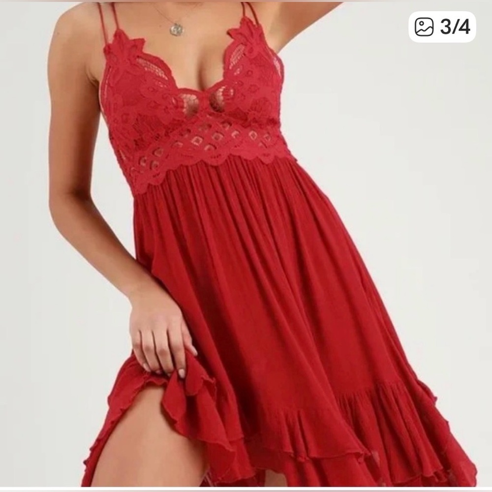 Free People Adella Red Lace Dress Boho SZ XL Beach Peasant Red Lace-Trim Swing - Picture 3 of 12